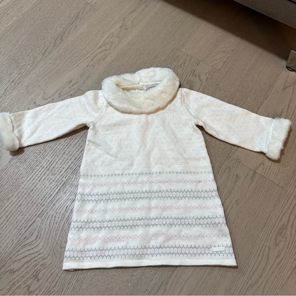 Janie and Jack White knit Sweater Dress, Faux Fur Collar, 6-12 months - NWT